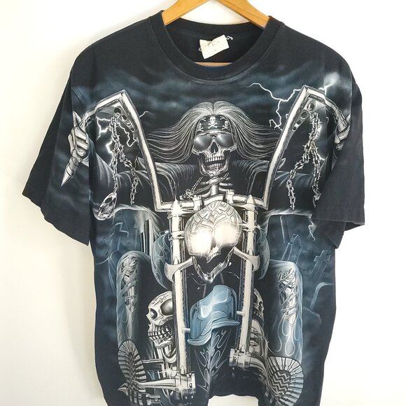 Skeleton Riding Motorcycle Graphic T-Shirt Men's XL? Black AOP Distressed - Picture 1 of 11